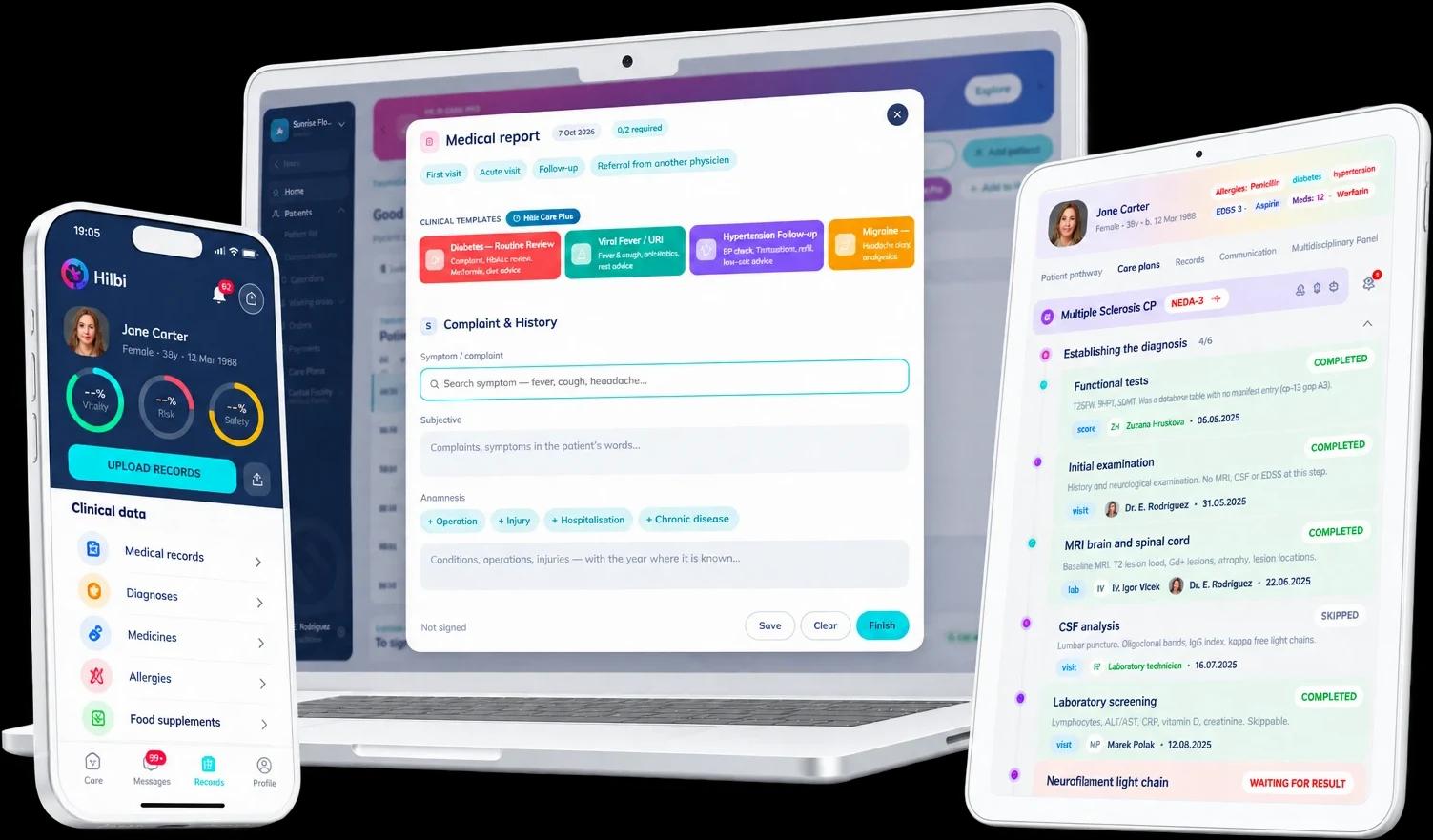 Hilbi on a laptop, tablet and phone: patient card, care plans, patient journey and health record.